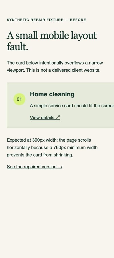 Synthetic before example: a service card extends beyond the narrow screen.
